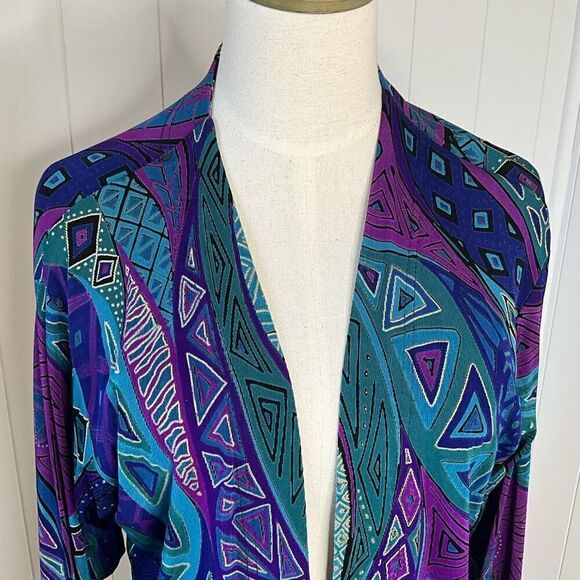 A Touch of Class Clothing Womens S/M Open Front Cardigan Blue Purple Geo Print - Picture 2 of 11